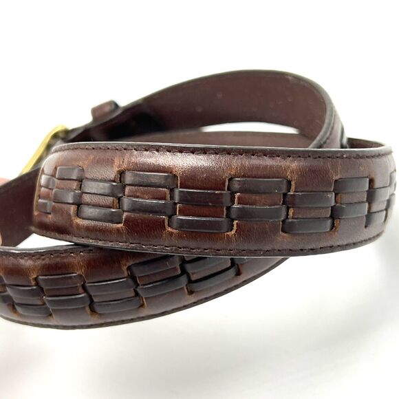 Woven Brown Leather Belt 34 Solid Brass Buckle Vintage Boho Western Streetwear - Picture 7 of 11